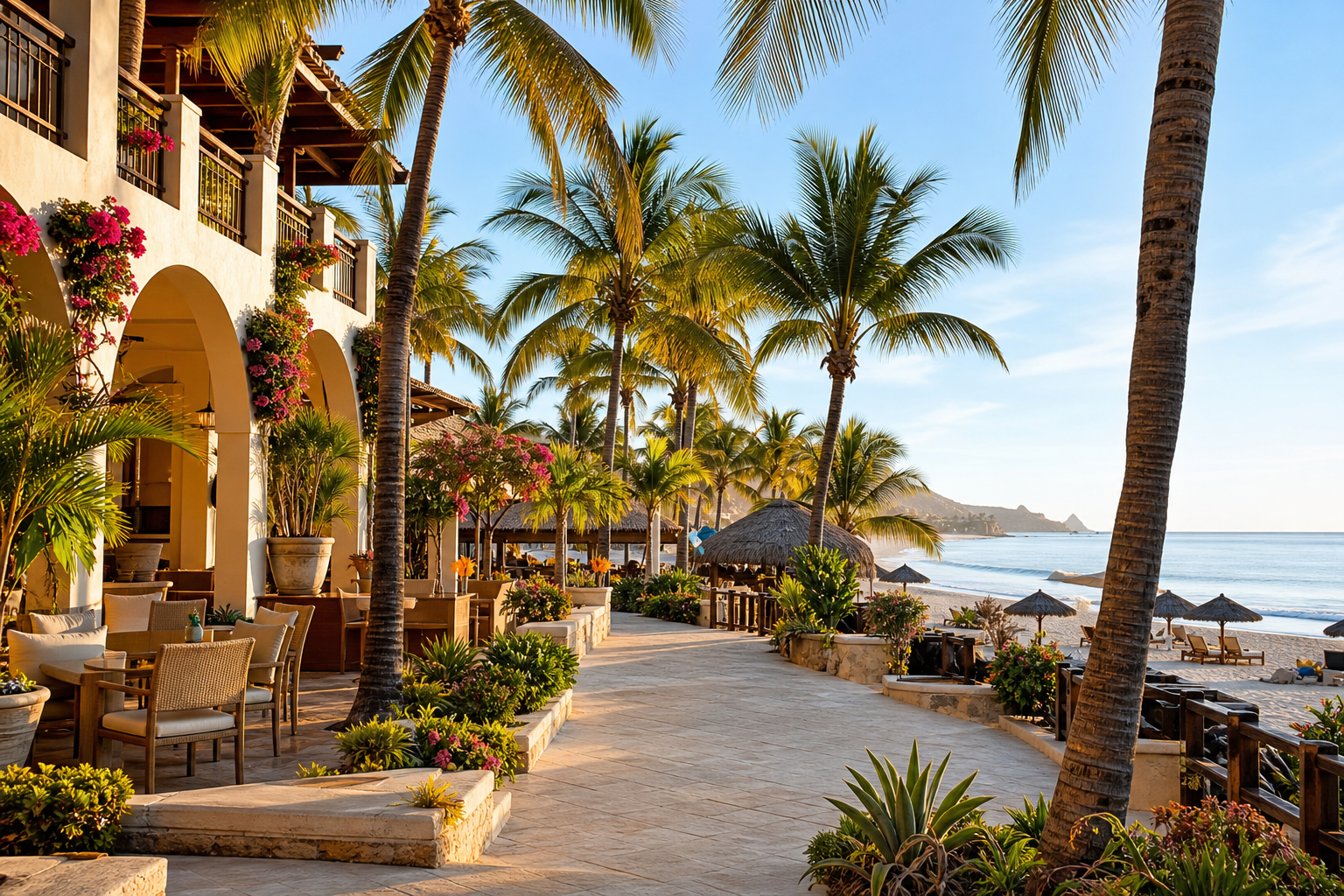Coastal resort walkway with palms and ocean light