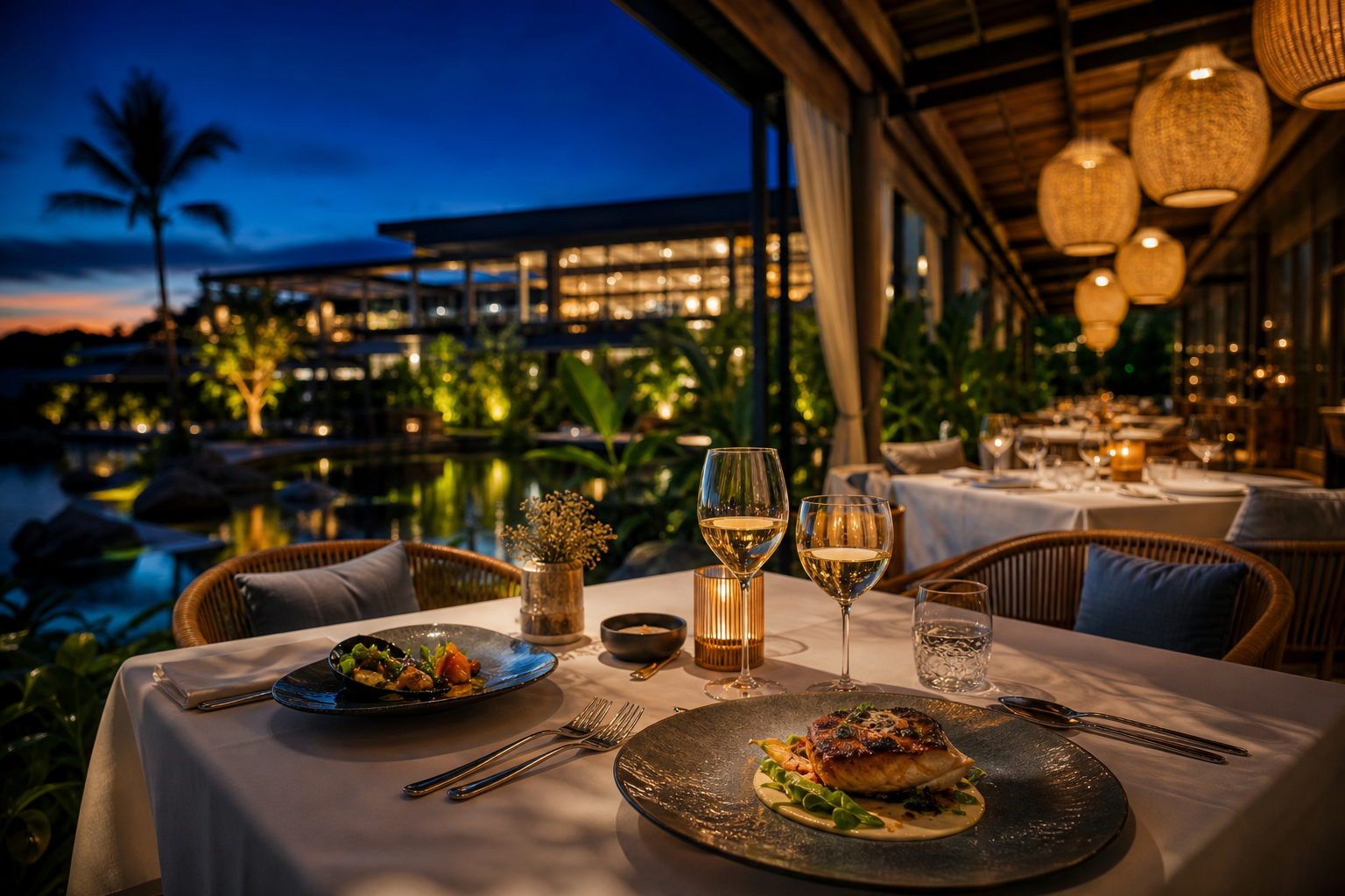 Fine dining resort terrace at blue hour