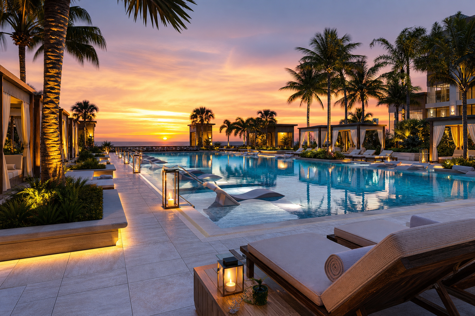 Luxury resort pool terrace with cabanas at sunset