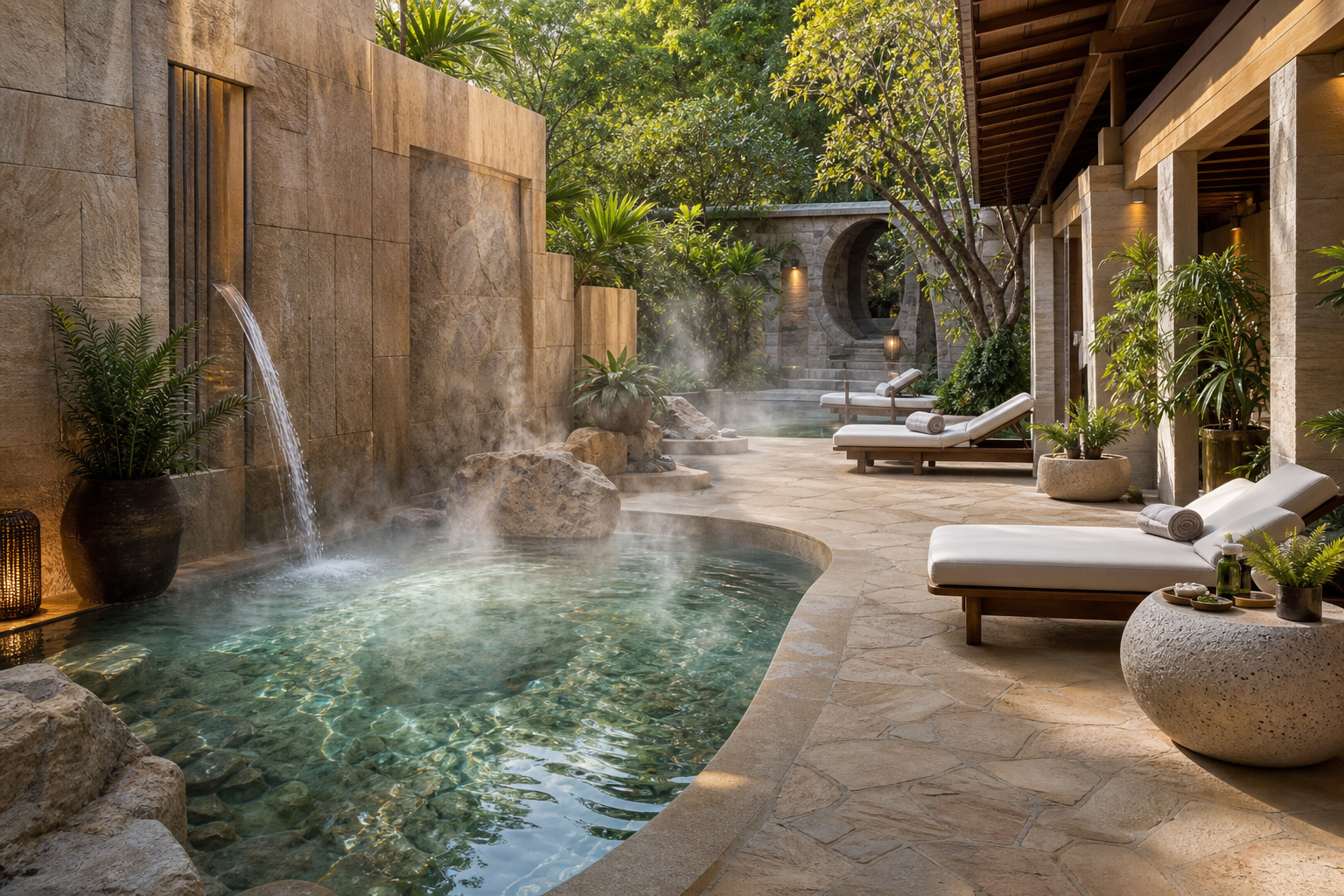 Serene resort spa courtyard with mineral pool and greenery