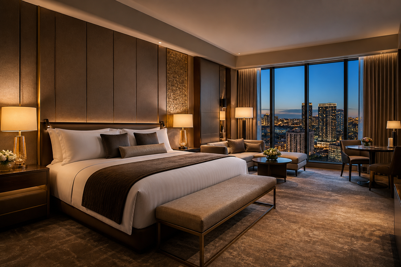 Luxury resort suite with warm lighting and city views